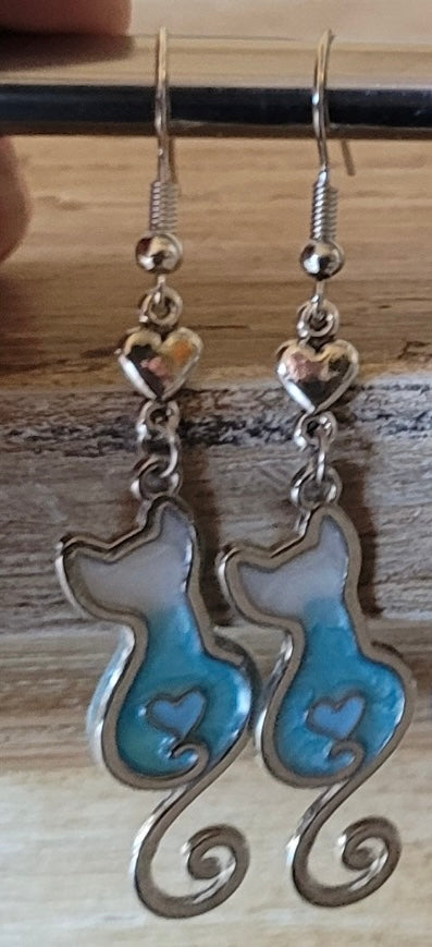 Blue and White Cat Love Earrings
