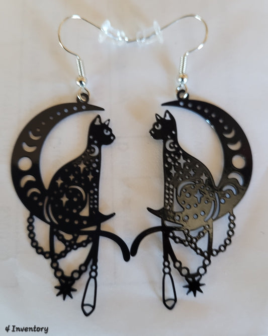 Black Cat on the Crescent Moon Earrings